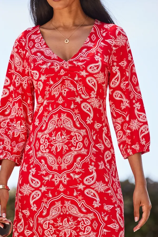 Red Paisley Print Ruched Front Shift Jersey Dress