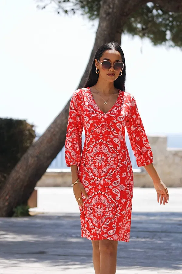 Red Paisley Print Ruched Front Shift Jersey Dress