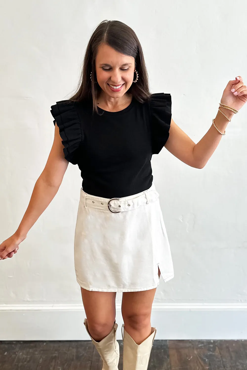 Ribbed Crop Top With Ruffle Black