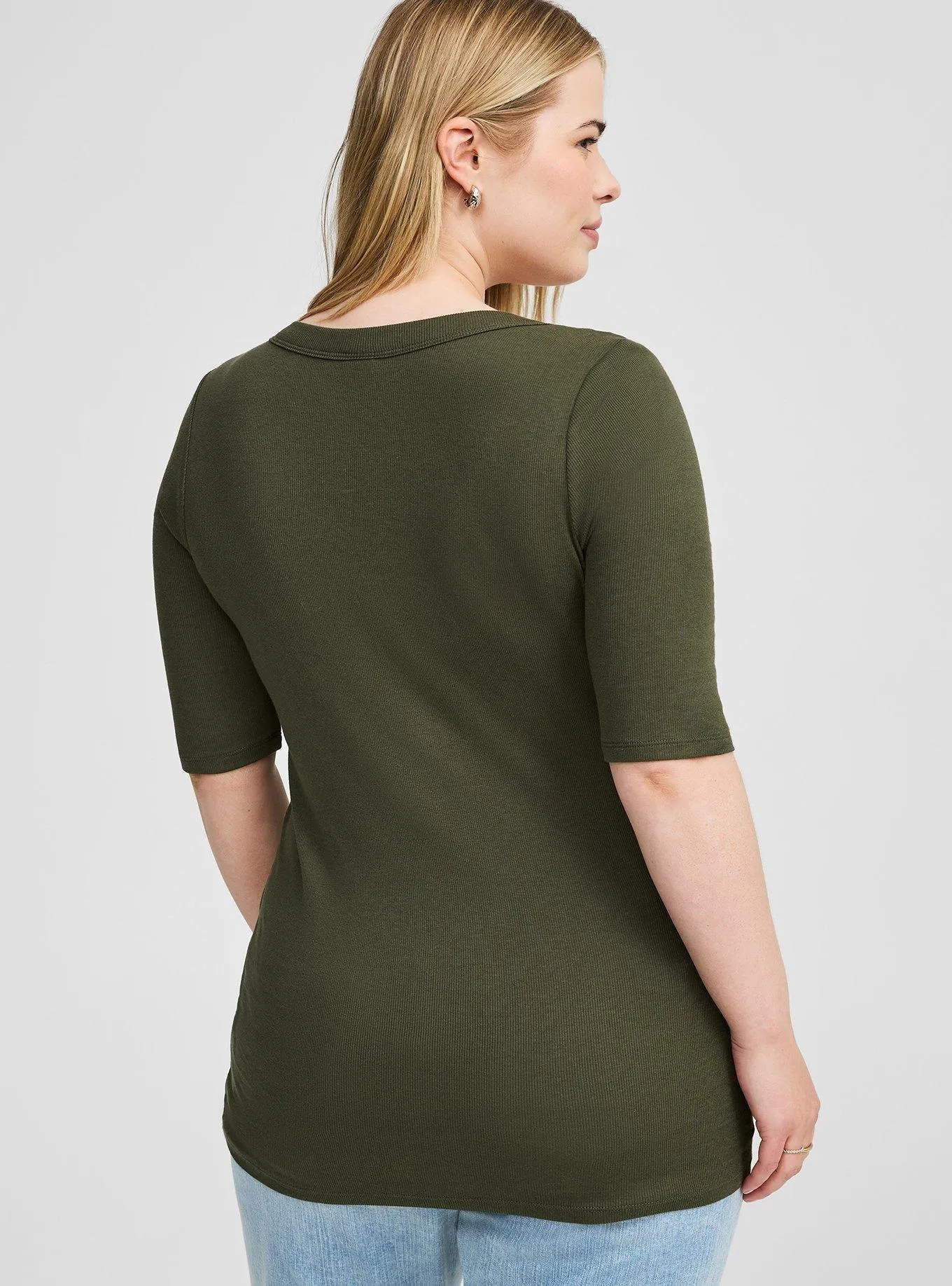 Ribbed Curved Henley Elbow Sleeve Top