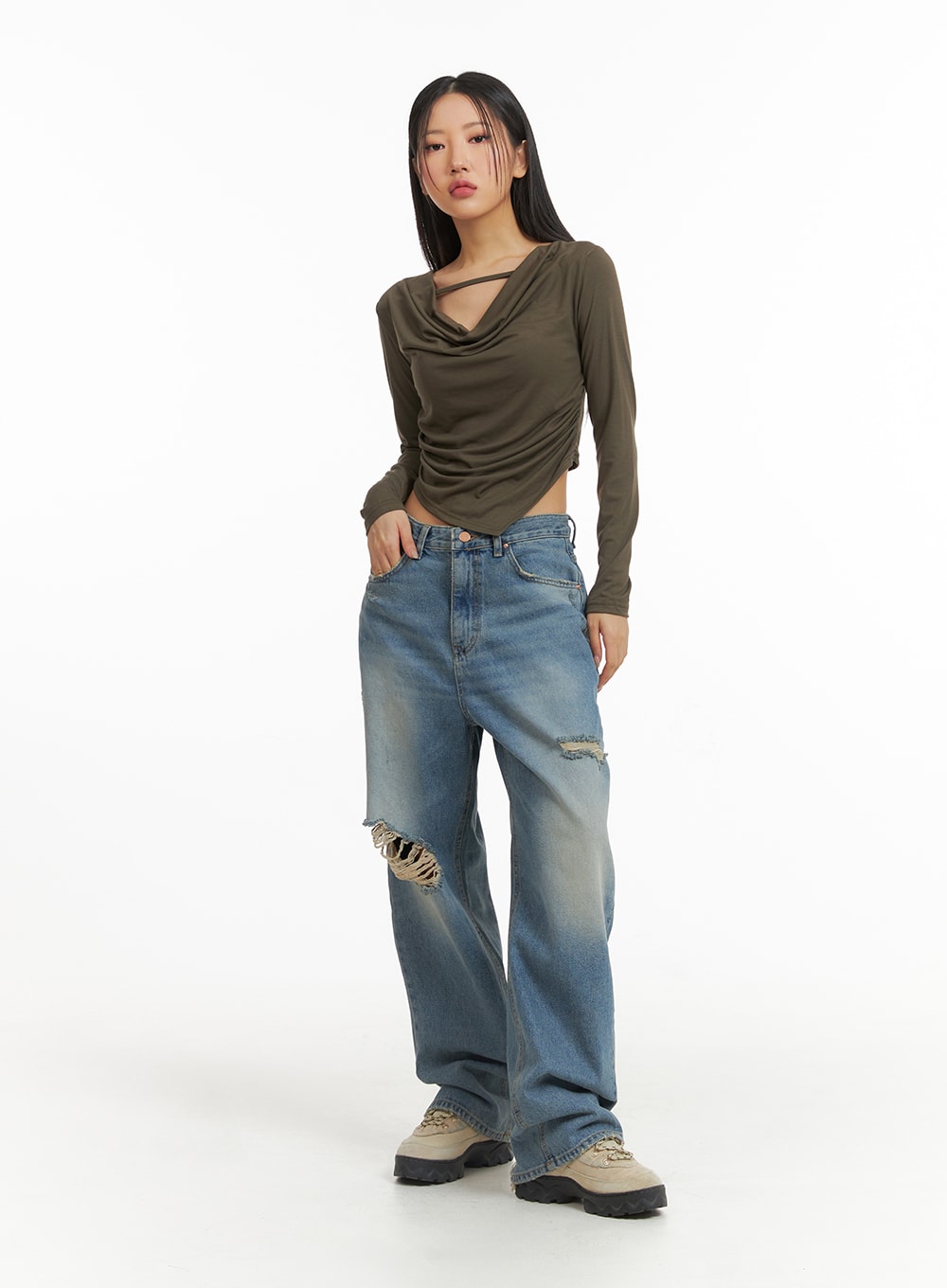 Ripped Washed Wide-Leg Jeans CJ426