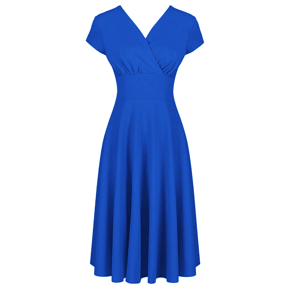 Royal Blue Vintage A Line Crossover Capped Sleeve Tea Swing Dress  by