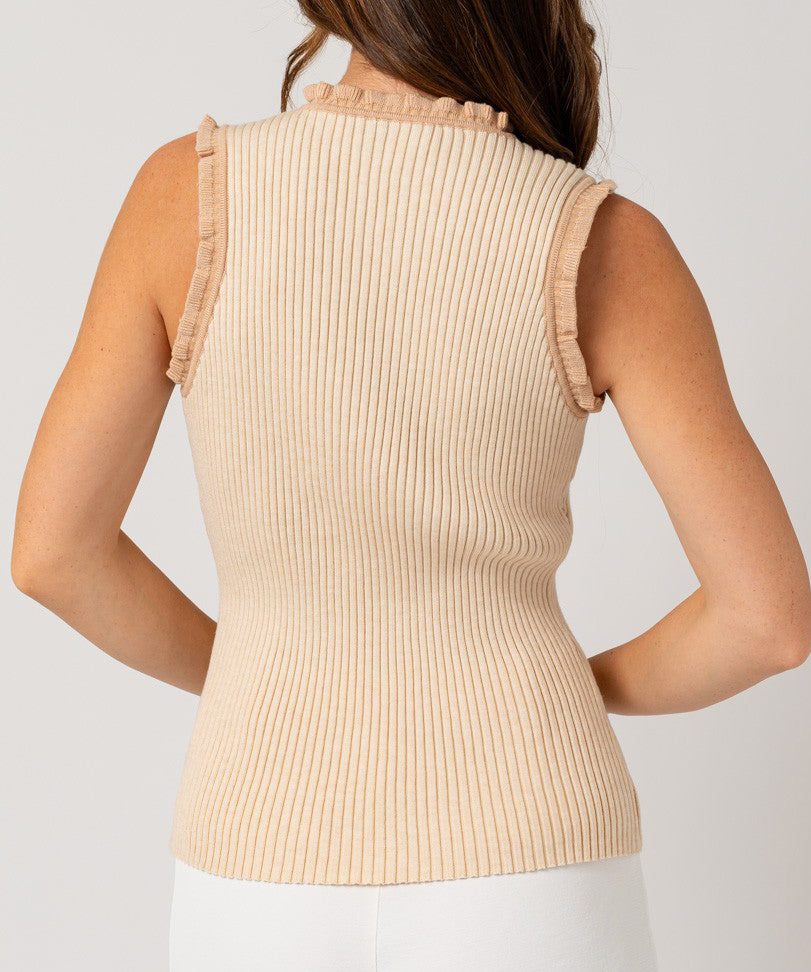 Ruffle Detail Sleeveless Sweater Top - Cream/Taupe