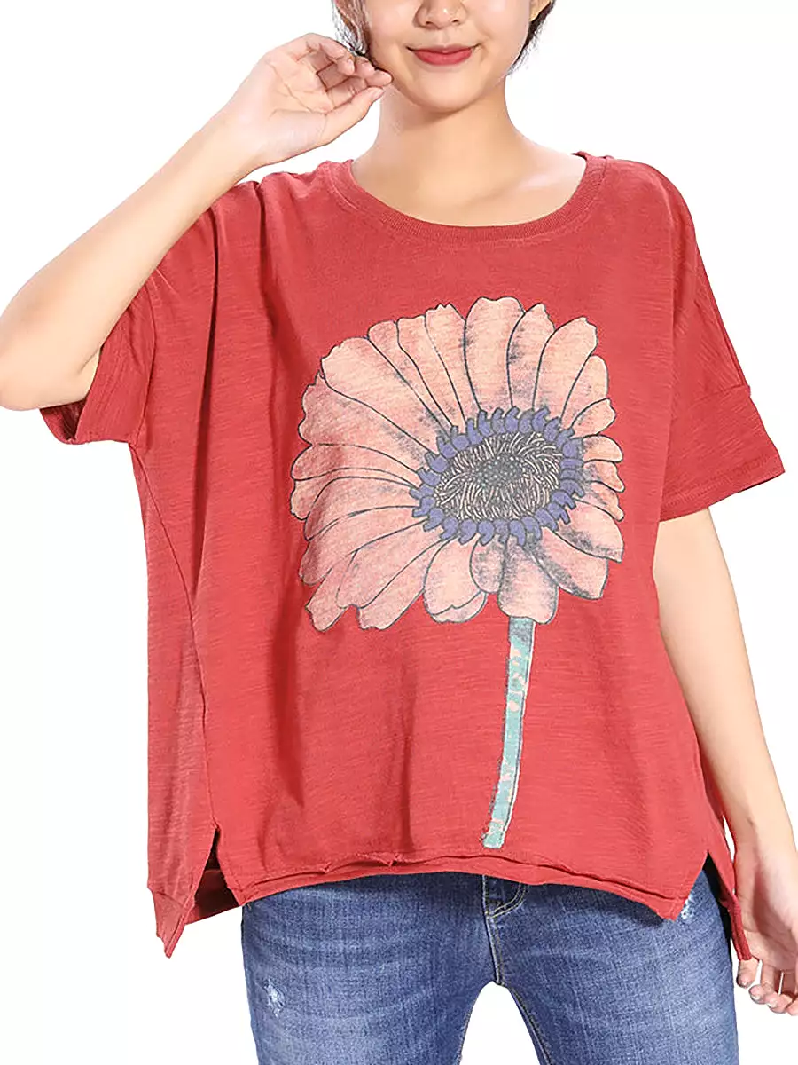 Short Sleeve Loose Sunflower Printed T-shirt