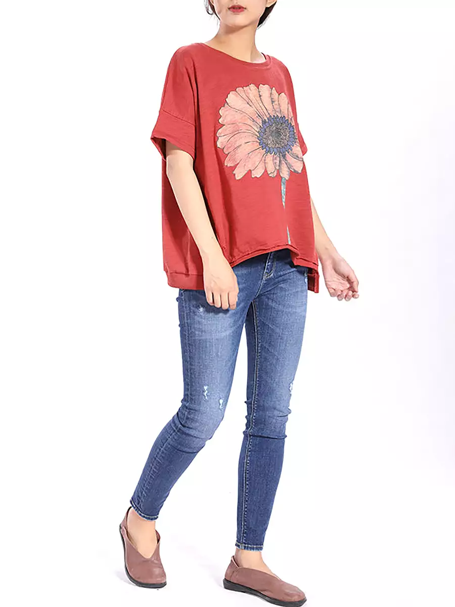 Short Sleeve Loose Sunflower Printed T-shirt