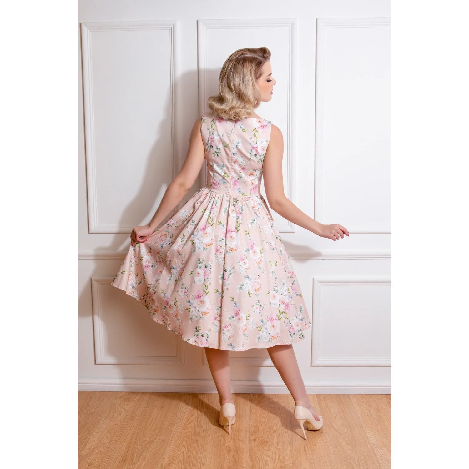 Soft Pink Coral Floral Print Audrey 50s Swing Dress