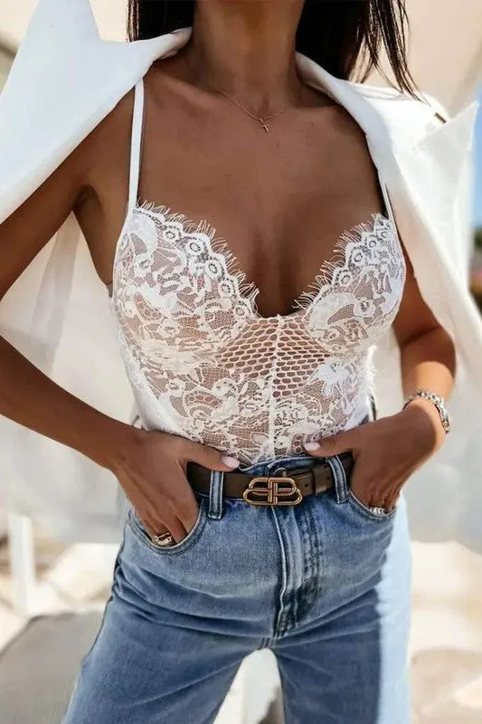 Spaghetti Strap Floral Lace Bodysuit