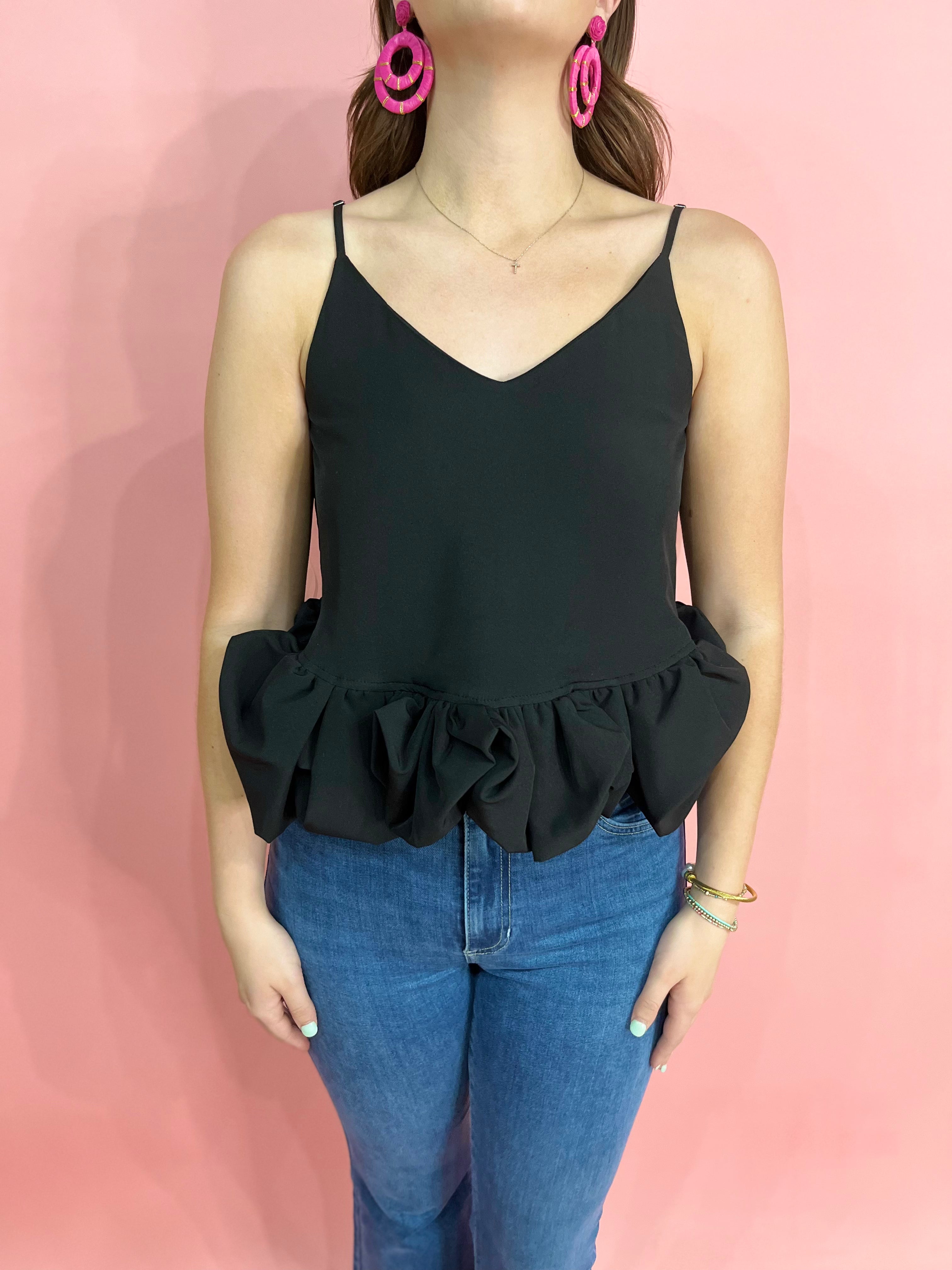 Spaghetti Strap Ruffle Hem Top - Black