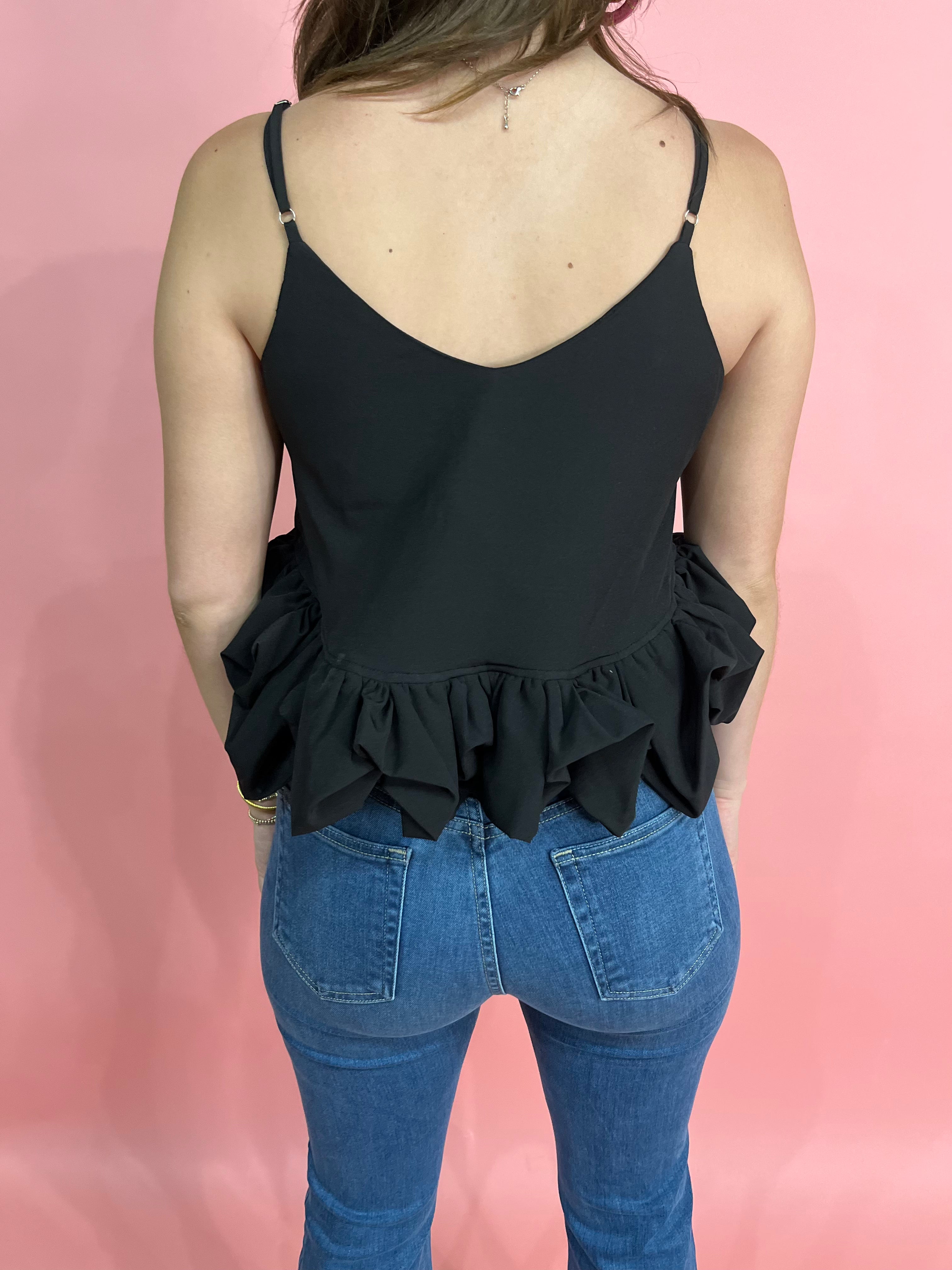 Spaghetti Strap Ruffle Hem Top - Black