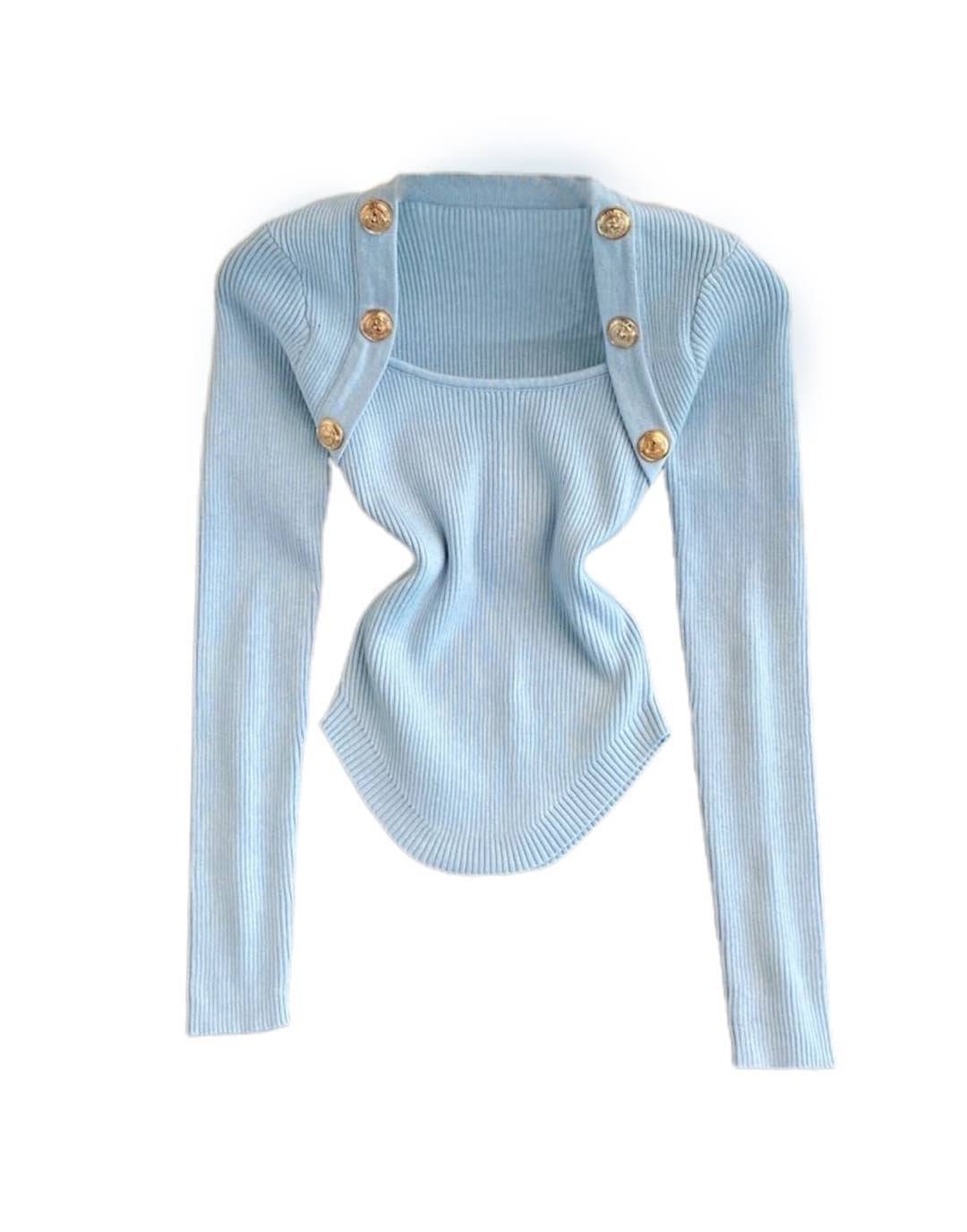 Square Neck Metal Buttoned Knit Top