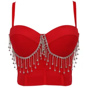 Summer Short Sexy Tassel Crop Tank Top Built In Bra Spaghetti Strap Beads Rhinestone Top