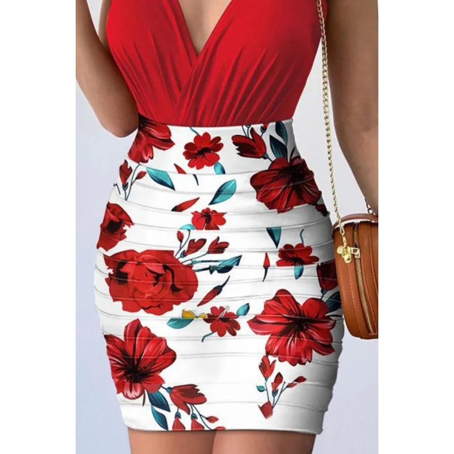 Surplice Spaghetti Strap Top and Printed Mini Skirt Set