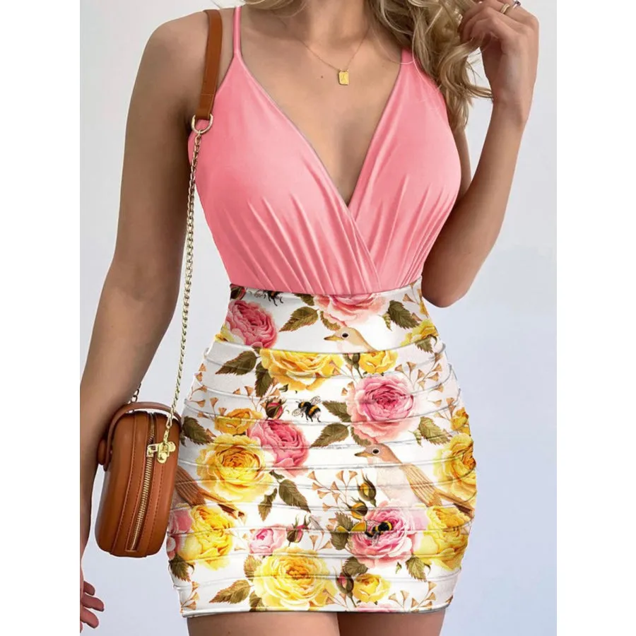 Surplice Spaghetti Strap Top and Printed Mini Skirt Set