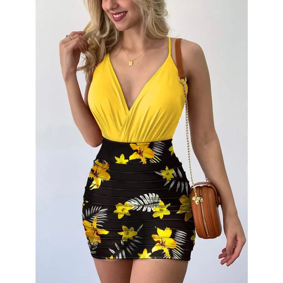 Surplice Spaghetti Strap Top and Printed Mini Skirt Set