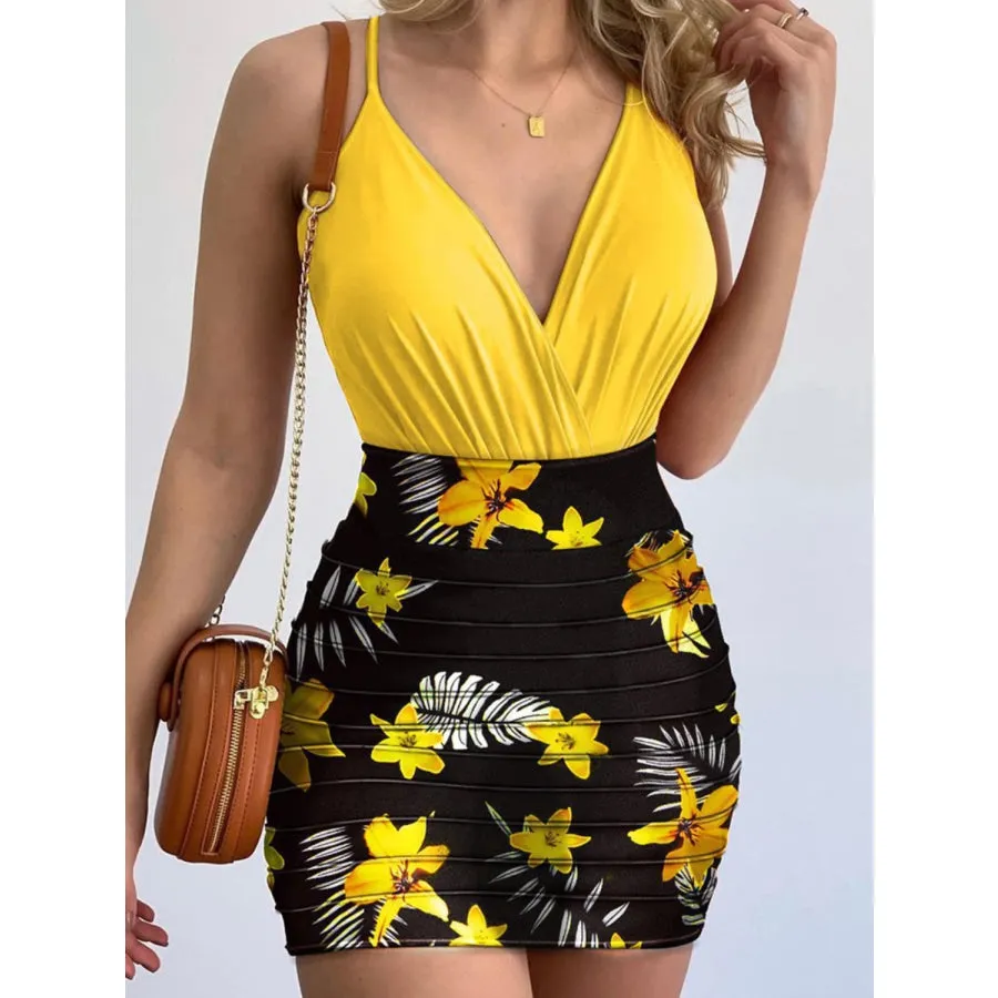 Surplice Spaghetti Strap Top and Printed Mini Skirt Set