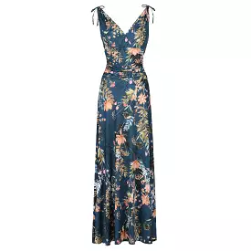 Teal Green Floral Print Slinky Summer Maxi Dress