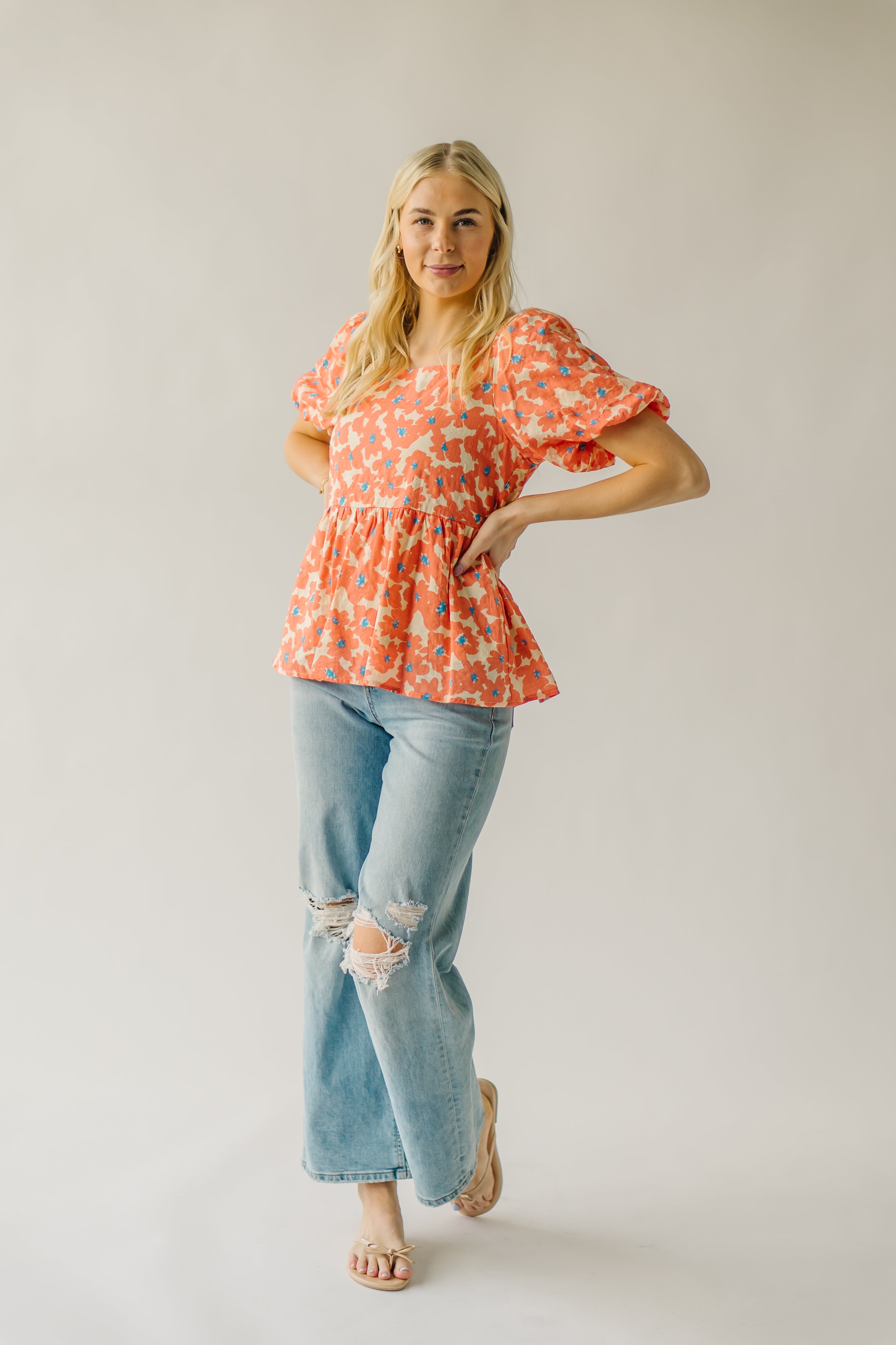 The Blanch Floral Bubble Sleeve Blouse in Orange Multi