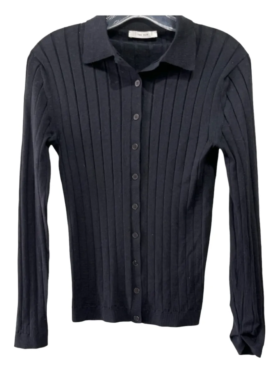 The Row Size XS Black Merino Wool Blend Ribbed Button Down Long Sleeve Top