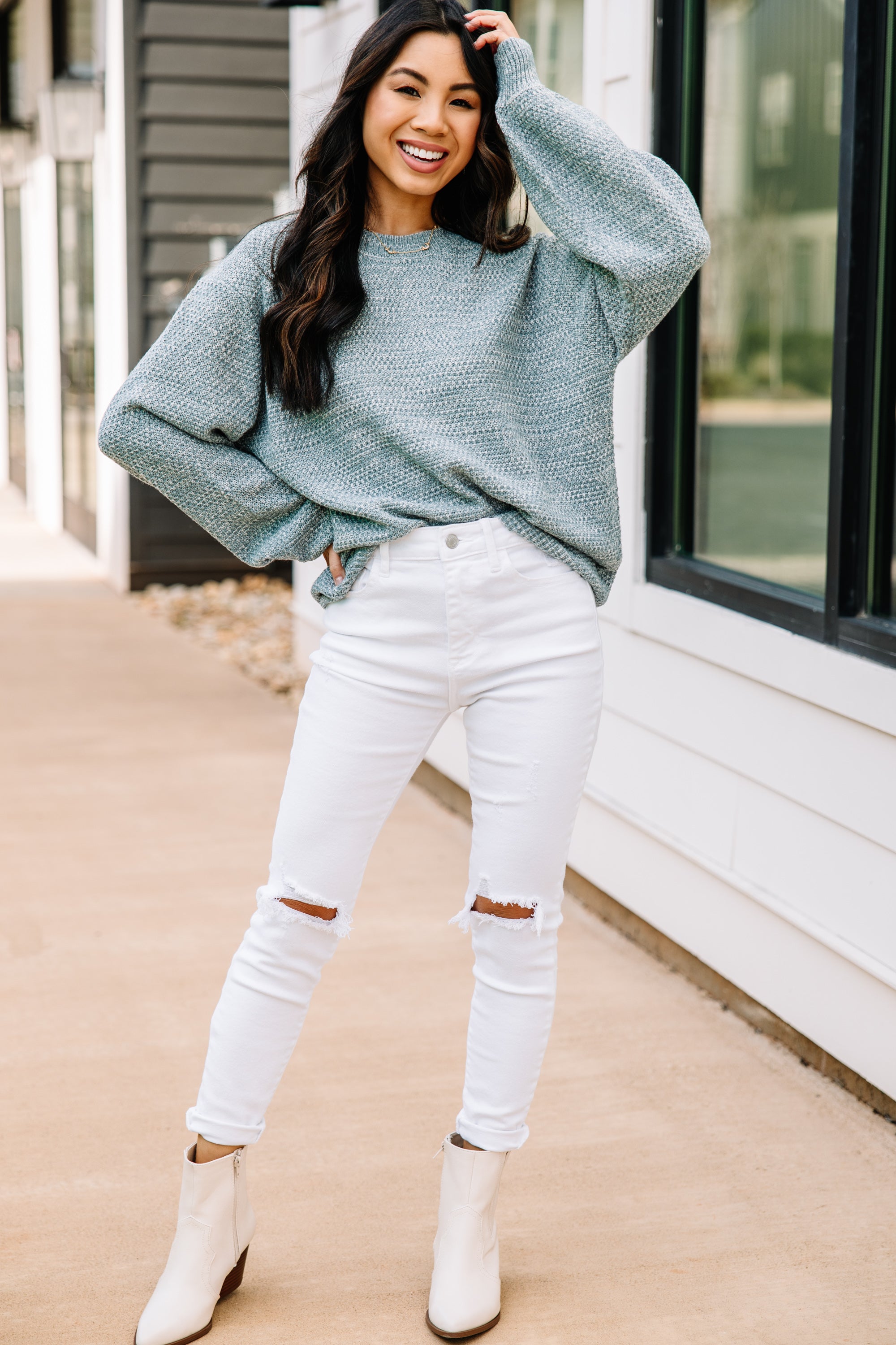 The Slouchy Blue Gray Bubble Sleeve Sweater