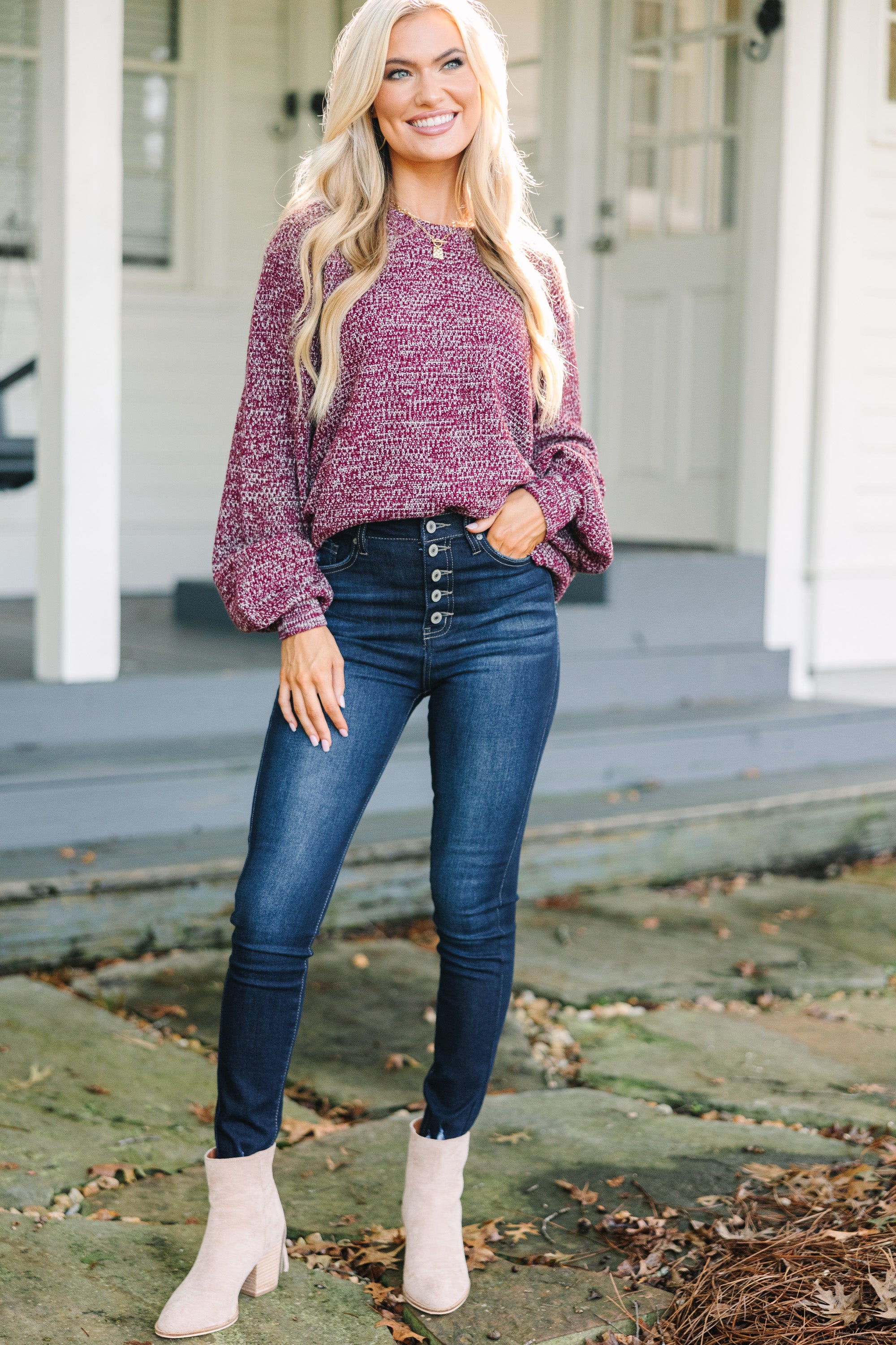 The Slouchy Burgundy Red Bubble Sleeve Sweater