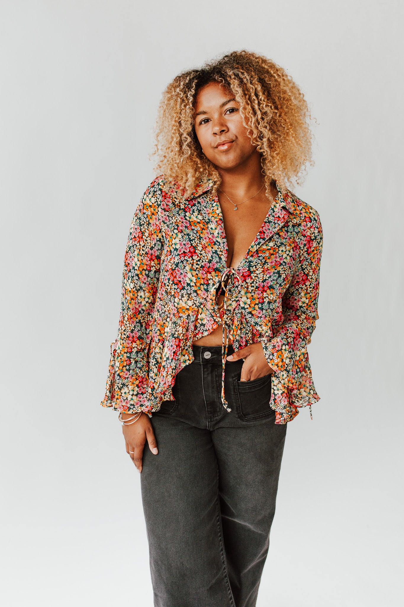 The Wilmette Front Tie Blouse in Nightfall Ditsy Floral