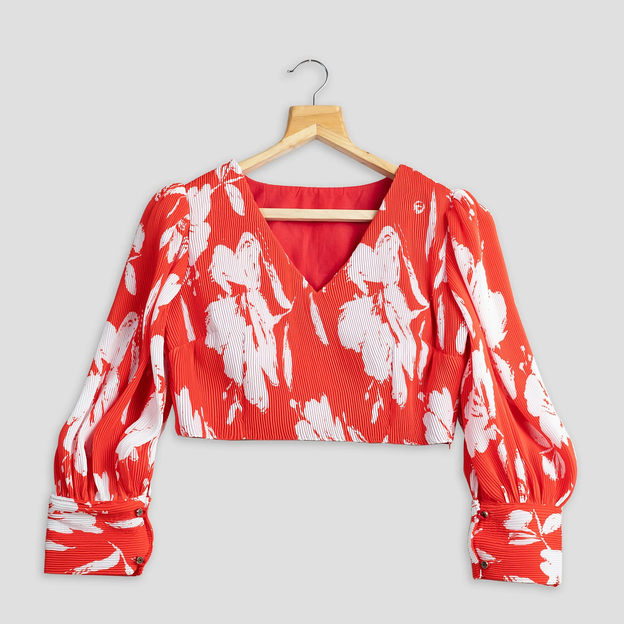 Trendy Red Floral Pleated Blouse