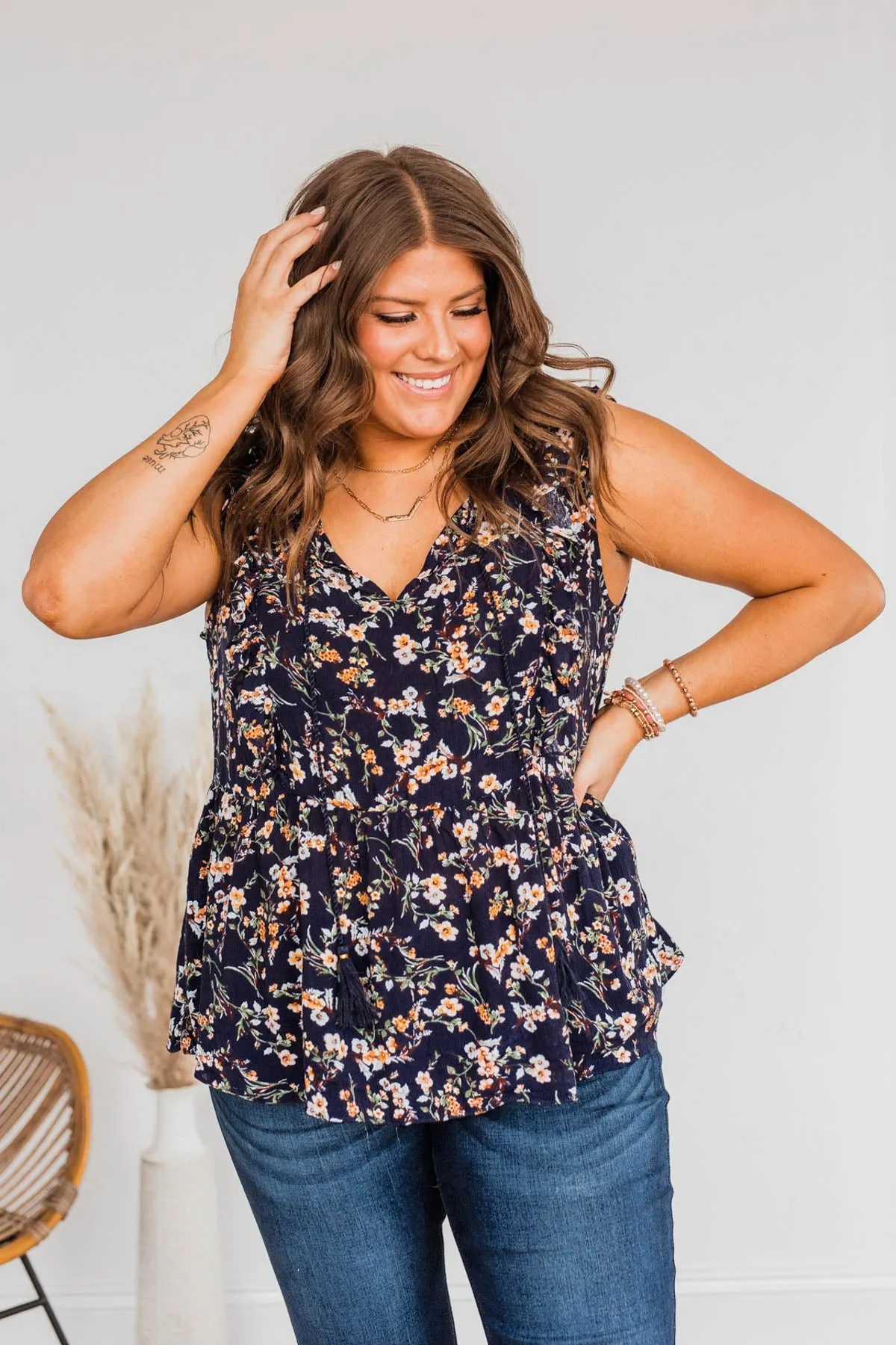 Unspeakable Love Floral Blouse- Navy