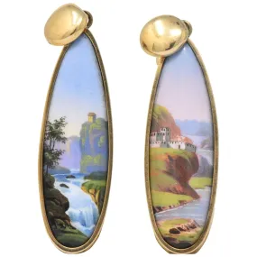 Victorian Swiss Enamel Painted Porcelain 14 Karat Gold Drop Earrings