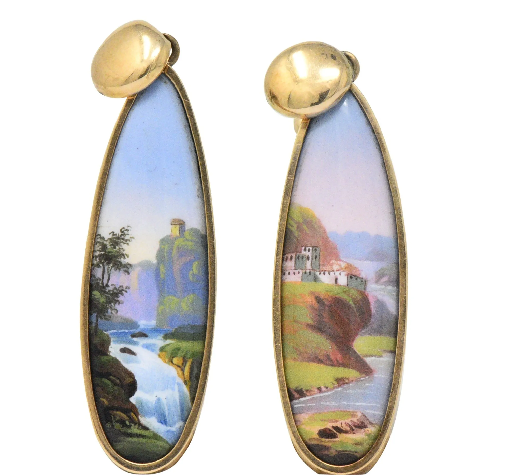 Victorian Swiss Enamel Painted Porcelain 14 Karat Gold Drop Earrings