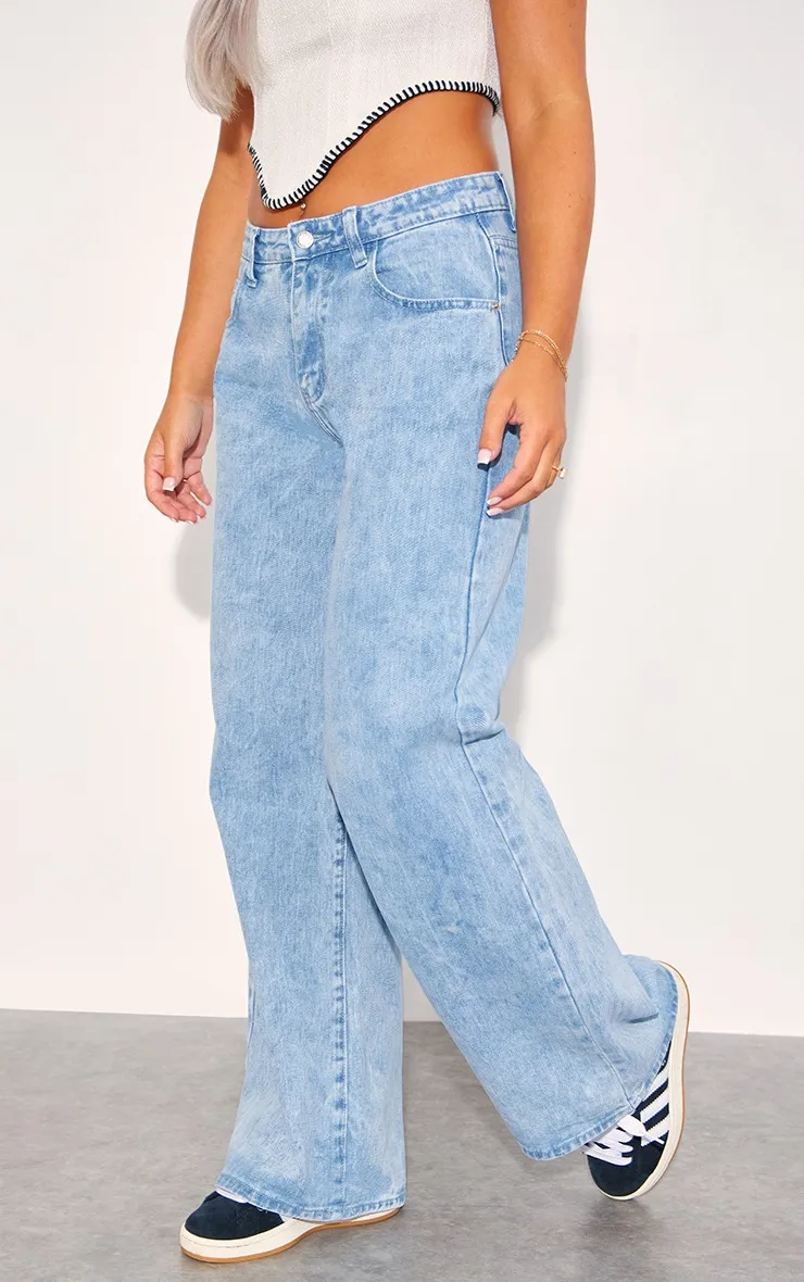 Washed Blue Wide Leg Low Rise Jeans | Denim