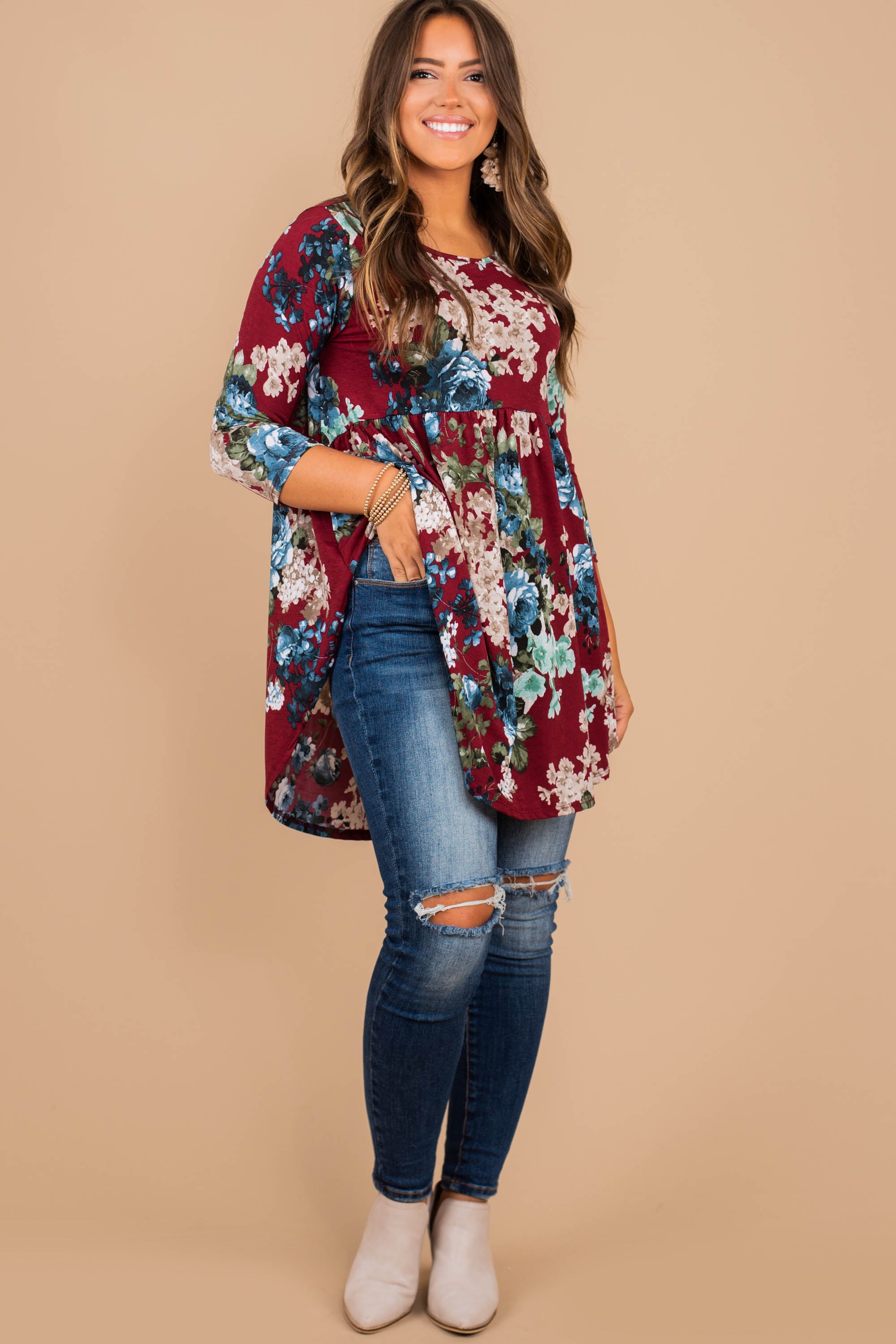 Whatever Happens Burgundy Red Floral Tunic