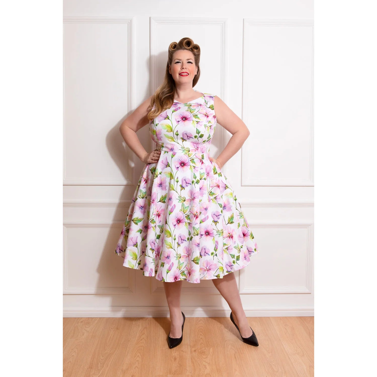 White & Spring Floral Print Audrey Style 50s Swing Dress