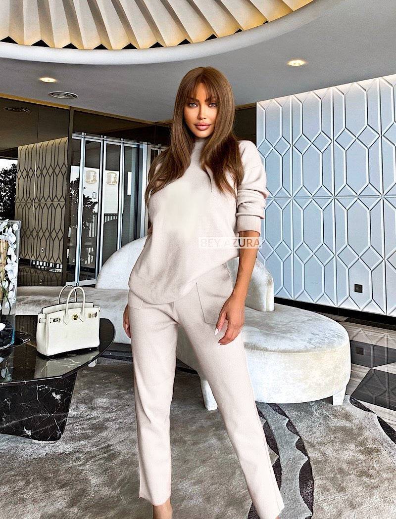 White Knit Long Sleeve Top and Slim Trouser Two Piece Set