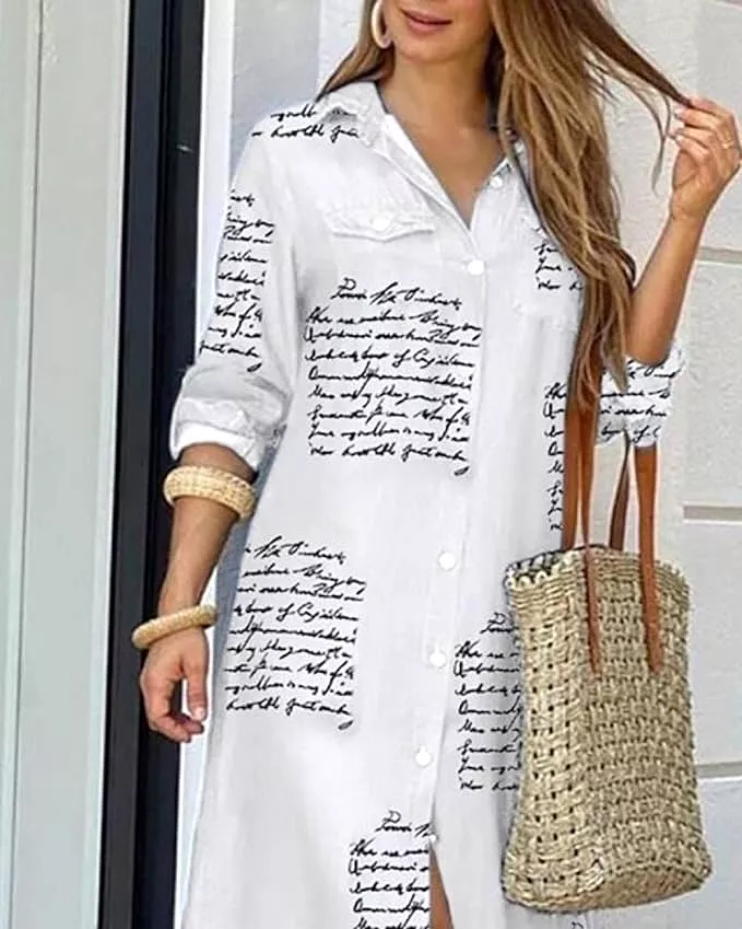 White Letter Print Irregualr Button Cardigan Lapel Maxi Dresses M B-65424