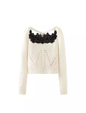 White Long Sleeve Knit Embroidered Top