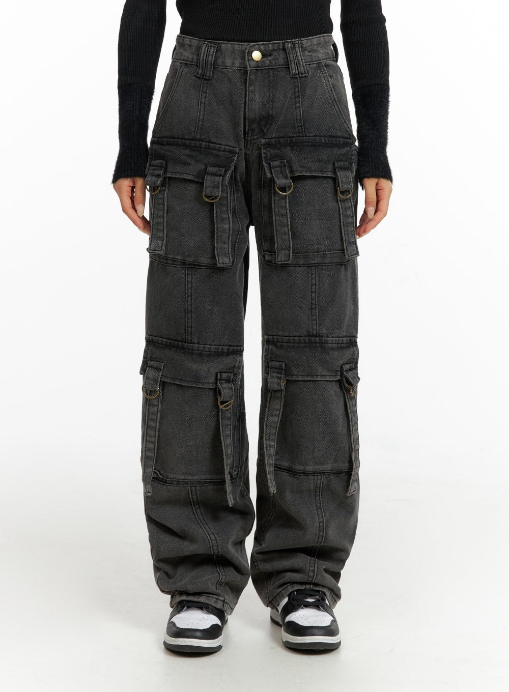 Wide-Leg Washed Cargo Jeans CF415