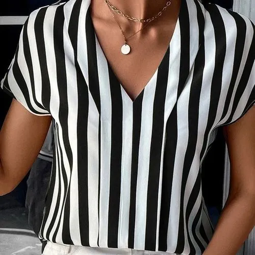 Women's Blouse Short Sleeve T-Shirts Printing Simple Style Stripe