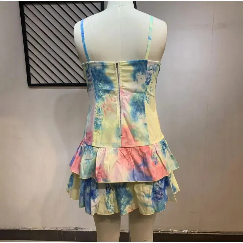 Women's Sleeveless Tie-dye Print Backless Spaghetti Strap Layered Mini Dress