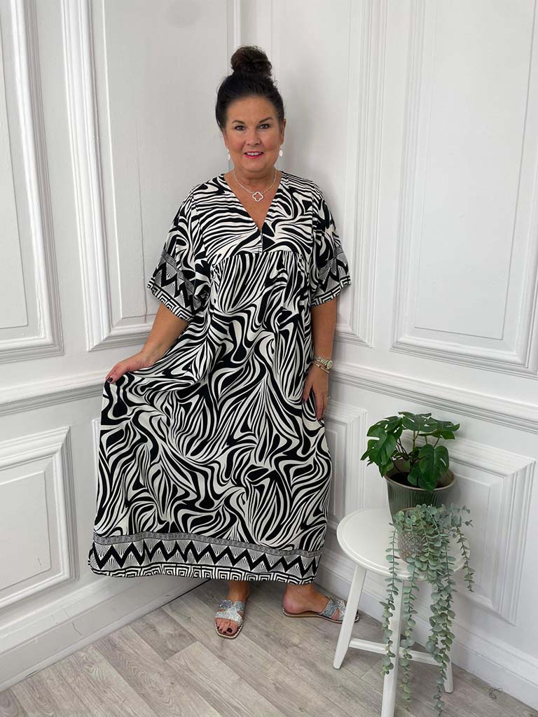 Zebra Print Smock Maxi Dress - Black