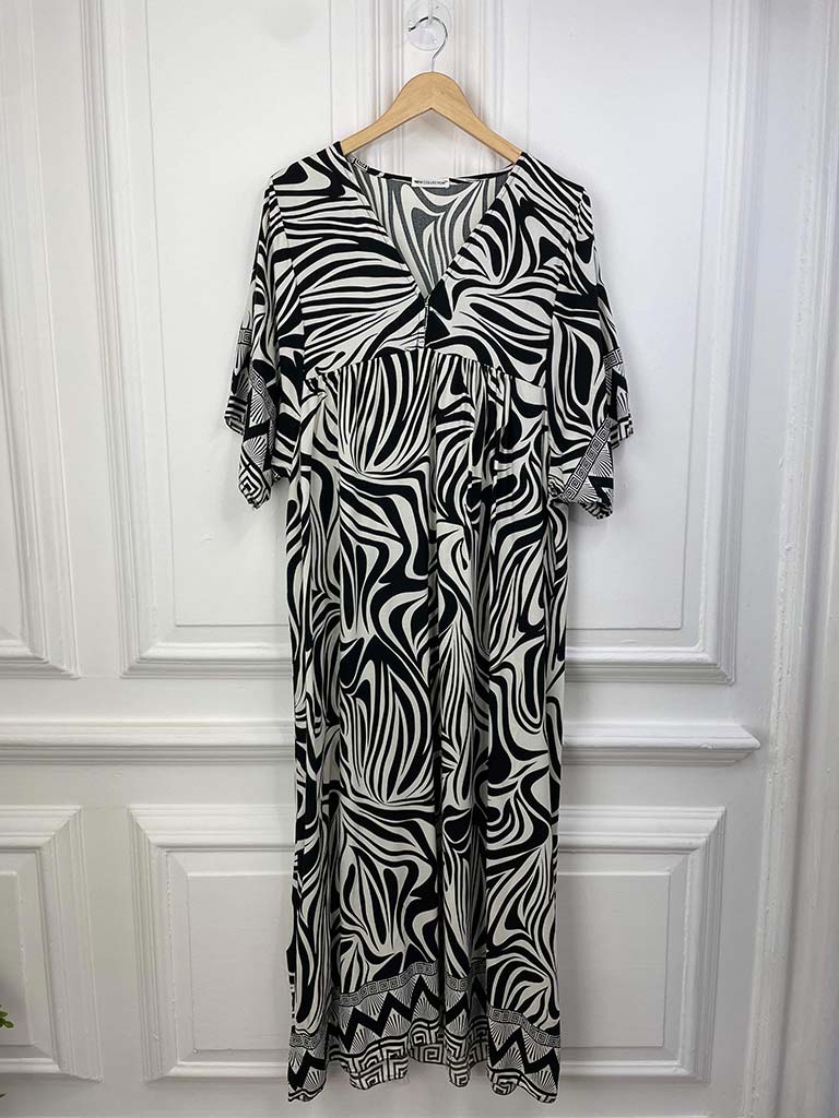 Zebra Print Smock Maxi Dress - Black